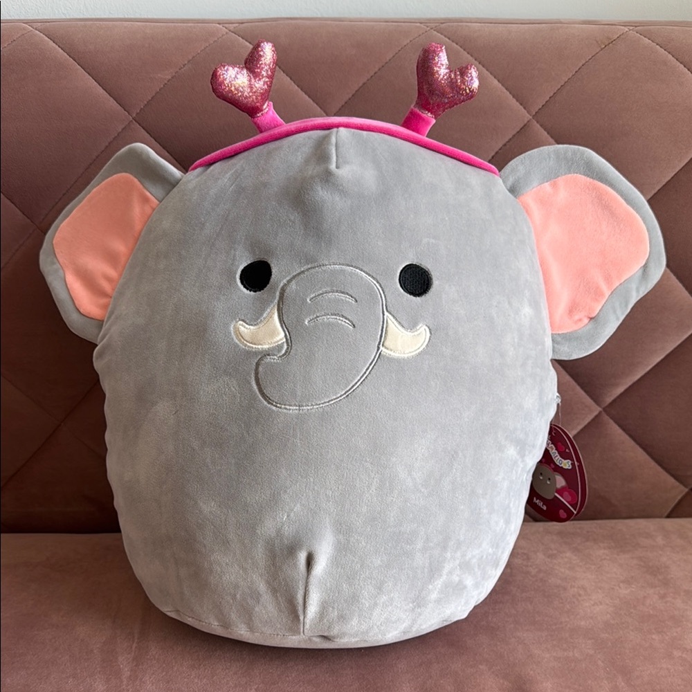 Squishmallow Mila Elephant 14 inch Plush Pillow with Pink Heart Headband